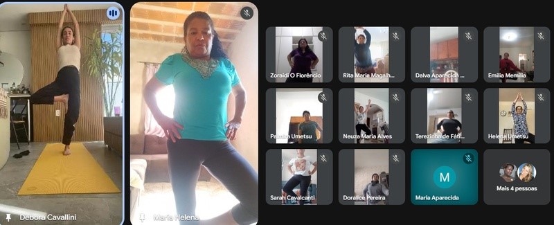 idosos praticando atividade física online em casa com acompanhamento profissional