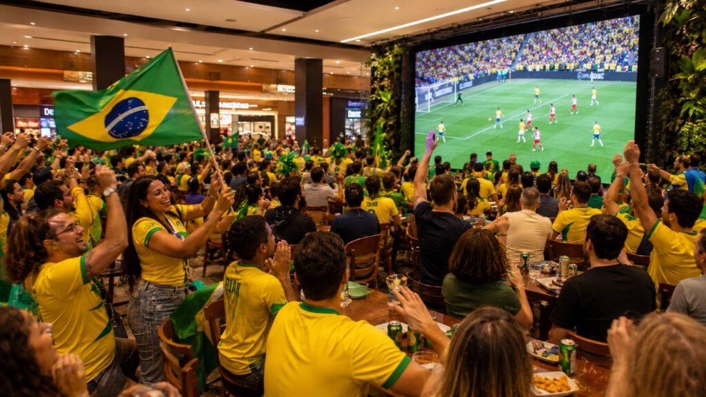 Torcedores acompanham jogo da Seleção Brasileira em supertelão no Shopping TriMais Places no Tucuruvi