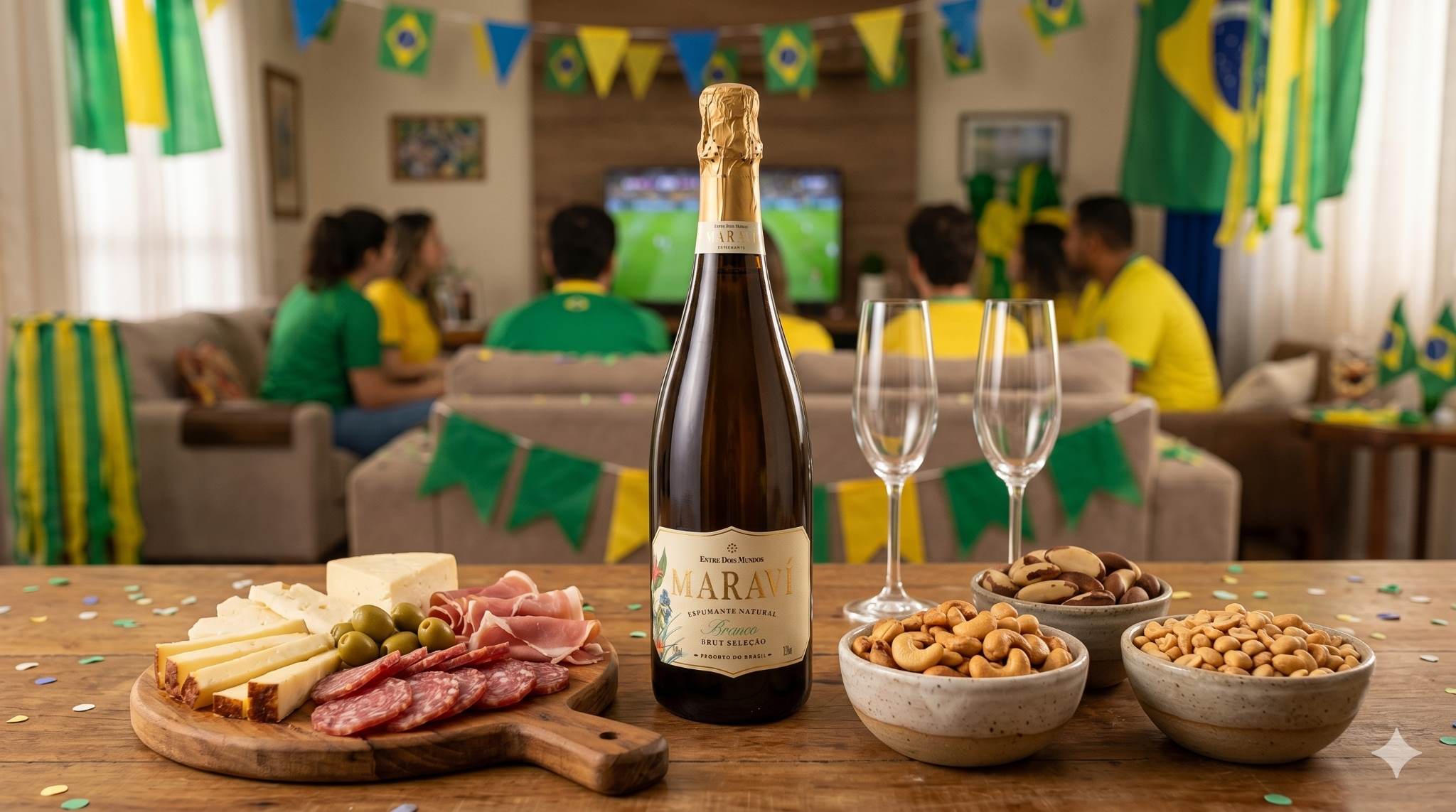 Taças de vinho acompanhadas de petiscos durante reunião para assistir aos jogos da Copa