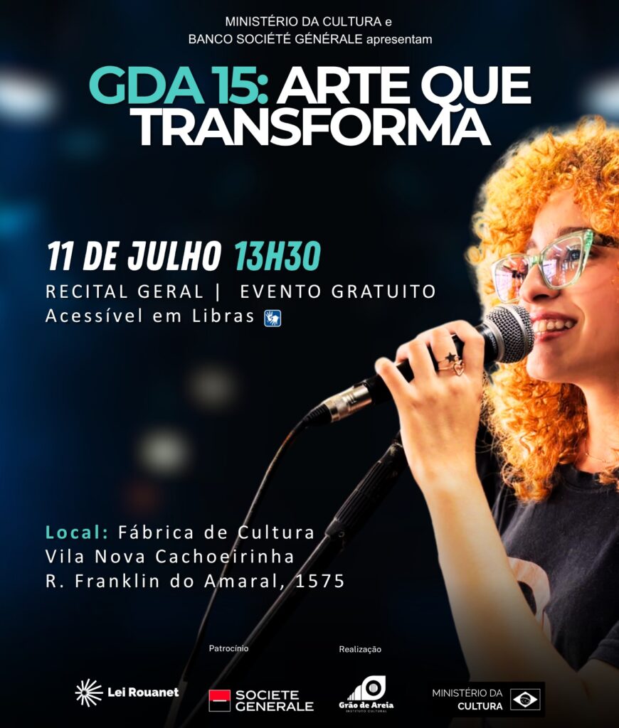 Instituto Cultural Grão de Areia celebra 15 anos com recital gratuito na Vila Nova Cachoeirinha