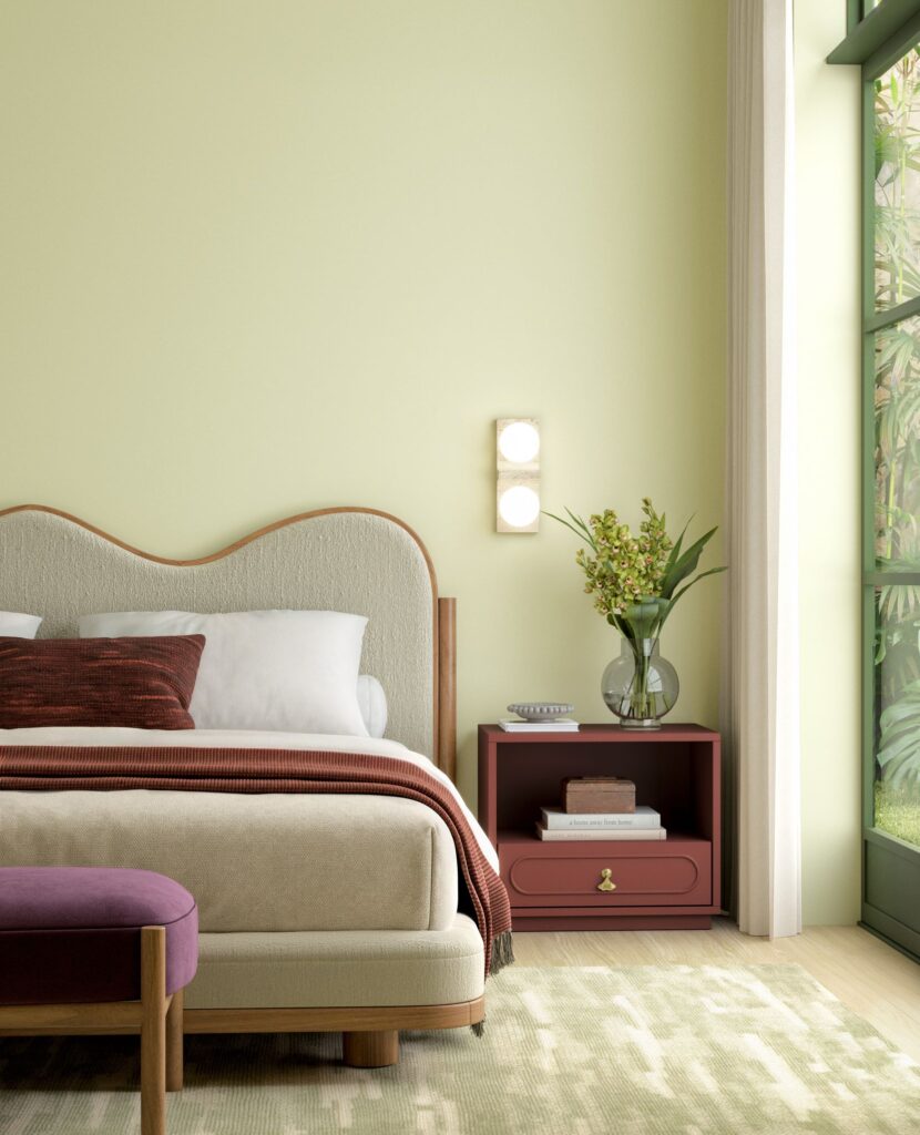 Aipo SW 6421 combina verde suave e nuances amareladas em uma proposta ligada a bem-estar, natureza e pertencimento.