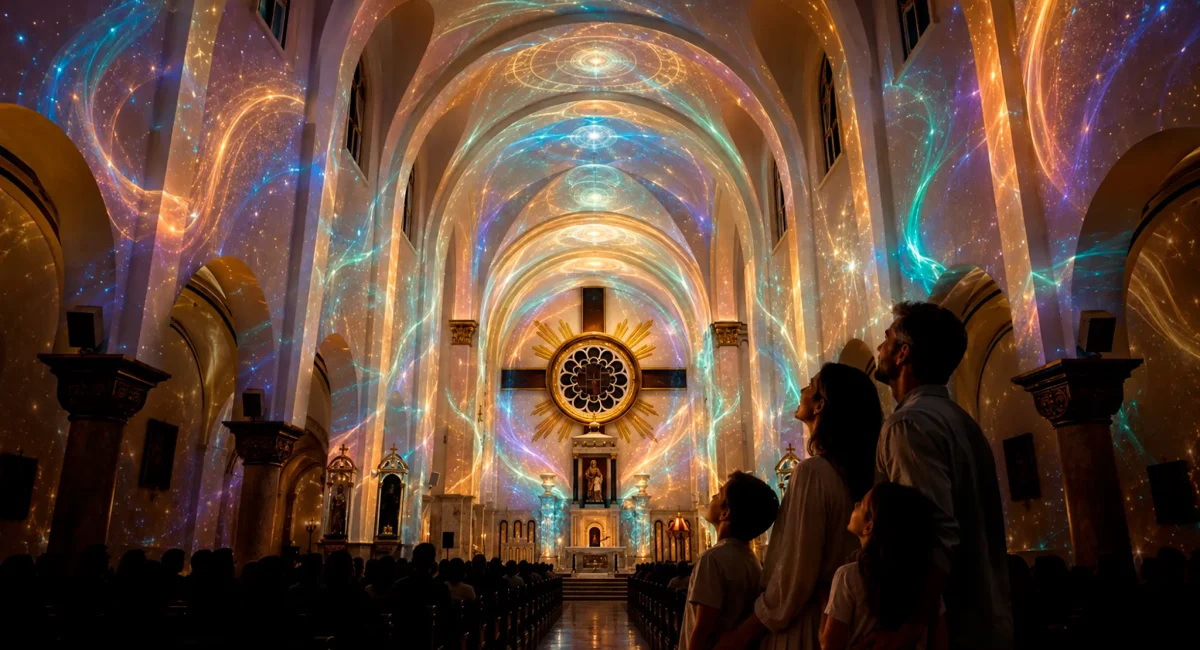 Espetáculo ALLUZ com projeções imersivas na arquitetura da Basílica Sant’Ana.