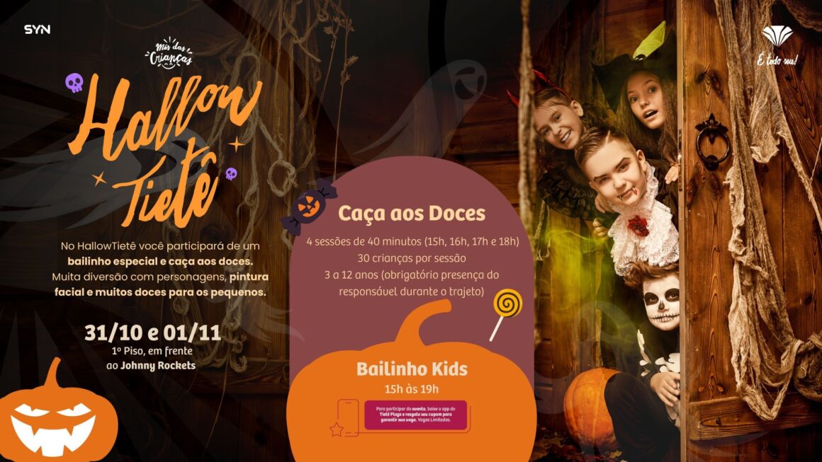 Crianças participam de atividades temáticas de Halloween no Tietê Plaza Shopping.